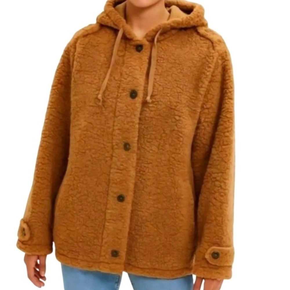 Perch by Blu Pepper Sherpa Hoodie Jacket Women 1XL Brown Teddy Fleece Button Up
